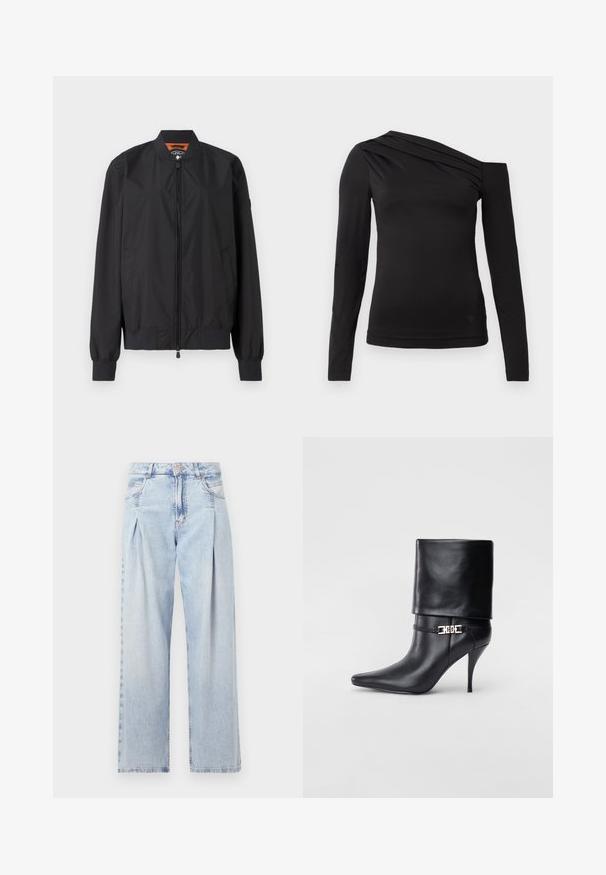 Veste bomber noire en nylon léger, dotée d'une fermeture éclair et de poignets côtelés. Texture lisse avec poches latérales et doublure intérieure contrastante.; Haut noir à manches longues avec un décolleté asymétrique, mettant en valeur une épaule dénudée et un drapé délicat sur la poitrine.; Jeans en denim bleu clair avec taille haute, coupe large, deux poches latérales et design plissé. Texture douce avec une finition décolorée.; Bottine en cuir noir avec un bout pointu, un haut talon aiguille, un revers, et un détail décoratif en boucle dorée au niveau de la cheville.
