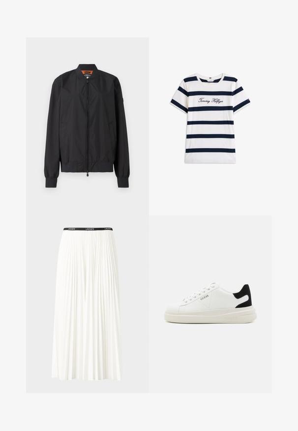 Juodas bomberis, pagamintas iš lengvos nailoniniais medžiagos, su užtrauktuku ir įsiuvinėtomis rankogaliais. Lygus paviršius su šoninėmis kišenėmis ir kontrastiniu vidiniu pamušalu.; Baltos medvilninės marškinėliai su horizontaliomis tamsiai mėlynomis juostelėmis. Ant krūtinės išsiuvinėtas „Tommy Hilfiger“ rašmuo. Apvalus iškirpimas.; Pleated balta sijonas su juodu elastiniu juosmeniu, ant kurio yra "LACOSTE" logotipas. Vidutinio ilgio dizainas su švelnia tekstūra.; Baltos odinės sportbačiai su storu baltu padu, juodu nubuko kulno akcentu ir iškilmingu logotipu šone. Su raišteliais, turinčiais šešis akinius.