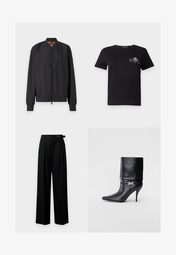 Čierna bomber bunda vyrobená z ľahkého nylonu, s predným zipsom a rebrovanými manžetami. Hladký povrch s bočnými vreckami a kontrastnou podšívkou.; Čierne tričko s krátkym rukávom vyrobené z bavlny. Obsahuje bielu grafiku s textom "KARL" a stilizovanou postavou na hrudi. Okrúhly výstrih.; Čierne široké nohavice s vysokým pásom, skladmi vpredu a opaskom s prackou. Vyrobené z hladkej, ľahkej textílie.; Čierna kožená členková topánka s špicatou špičkou, vysokým ihlovým podpätkom, prehnutým manžetom a zlatým dekoratívnym sponou na členku.