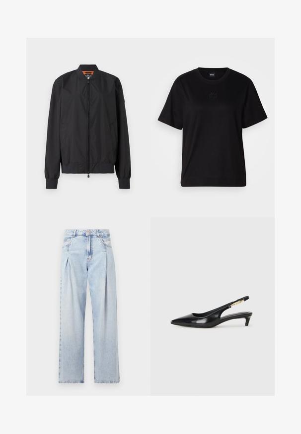 Svart bomberjacka i lätt nylon, med dragkedjestängning och ribbade muddarför. Slät textur med sidofickor och kontrasterande foder.; Svart bomullströja med rund halsringning, korta ärmar och en broderad logotyp på bröstet. Enkel, avslappnad passform utan mönster.; Ljust blå denimjeans med hög midja, vida ben, två sidofickor och veckad design. Mjuk textur med en blekt finish.; Svart läder slingback-hälar med spetsig tå, med en smal klack och en guldtonad detalj på den justerbara remmen. Slät textur.