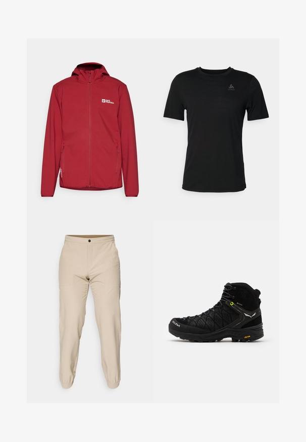 Veste softshell rouge avec fermeture éclair sur le devant, capuche ajustable et poches latérales. Elle présente un logo sur la poitrine gauche et une texture lisse.; T-shirt noir en tissu léger, avec un col rond, des manches courtes et un petit logo de la marque en haut à gauche.; Pantalon beige en tissu lisse, avec une taille élastique, deux poches latérales et des poignets élastiques aux chevilles.; Botte de randonnée noire avec une tige texturée, un embout renforcé et une semelle Vibram. Le système de laçage comprend des crochets pour un ajustement sécurisé.