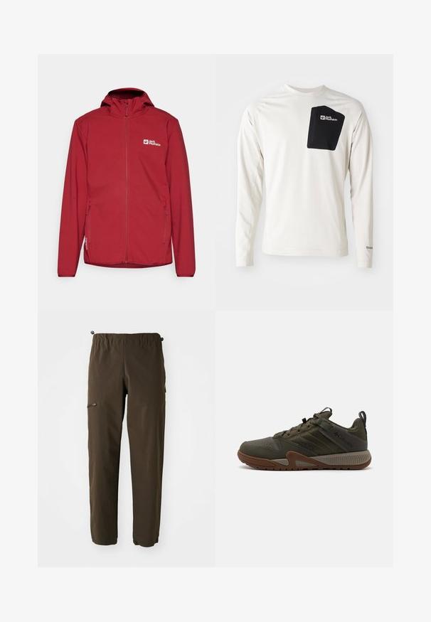 Red softshell jacket with a zip front, adjustable hood, and side pockets. Features a logo on the left chest and smooth texture.; Jack Wolfskin PRELIGHT TRAIL CREW - Long sleeved top - pale sand; Jack Wolfskin PRELIGHT TRAIL PANTS - Outdoor trousers - peat; Olive green hiking shoes with a textured upper, perforated toe box, rubber sole, and contrasting brown accents. Features logo on side.