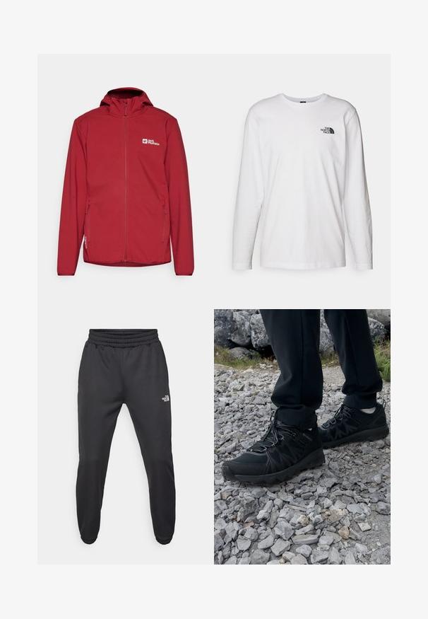 Veste softshell rouge avec fermeture éclair sur le devant, capuche ajustable et poches latérales. Elle présente un logo sur la poitrine gauche et une texture lisse.; T-shirt blanc à manches longues en coton avec un col rond. Présente un petit logo noir sur la poitrine. Texture lisse, coupe régulière.; Pantalons de survêtement noirs avec une taille à cordon de serrage, coupe fuselée, poignets élastiques et un petit logo blanc sur la cuisse gauche, fabriqués en tissu lisse.; Chaussures d'extérieur noires en matériau synthétique et en maille, présentant une tige texturée, un système de lacets sécurisé et une semelle extérieure robuste, sur un terrain rocailleux.