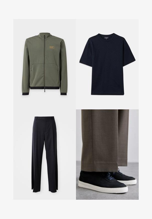 EA7 Emporio Armani Casaco leve - beetle; T-shirt azul-marinho com um padrão texturizado, gola redonda e mangas curtas. Detalhe do logótipo discreto no peito, fabricado em tecido de algodão macio.; Calças pretas de cintura alta, com corte amplo, feitas de um tecido suave. Apresentam pregas frontais e passadores para cinto. Design minimalista, sem hardware visível.; Sapatilhas de camurça pretas com solas de borracha brancas, apresentando um bico arredondado e atacadores, usadas com calças cinzas ajustadas.