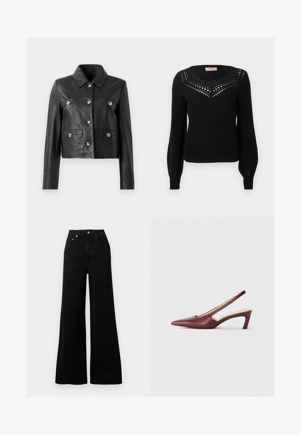Zwarte leren cropped jack met een kraag, voorzien van zilveren knopen, twee borstzakken en lange mouwen. Gladde textuur, minimalistisch design.; Zwarte trui met een geribbelde textuur, een getande halslijn en opengewerkt detail op de borst. Lange mouwen en een getailleerde taille.; Zwarte jeans met wijde pijpen van denim, voorzien van een hoge taille, vijf zakken, een knoopsluiting aan de voorkant en minimale stikseldetails.; Bordeaux slingback hakken met een spitse neus, uitsparingen aan de zijkant en een middellange blokhak. Glad leren afwerking.