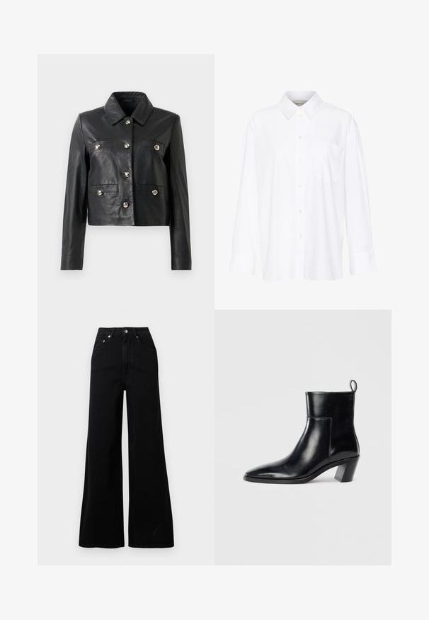 Črna usnjena krajšana jakna s ovratnikom, opremljena z brezovo gumbi, dvema žepoma na prsih in dolgimi rokavi. Gladko teksturo, minimalističen dizajn.; Bela dolga majica s kragnico iz bombaža. Ima gumbno zapenjanje spredaj in eno žep na prsih. Gladka tekstura, sproščen kroj.; Črne široke jeans hlače iz jeansa, z visokim pasom, petimi žepi, sprednjo zapenjavo na gumbe in minimalnimi šivi.; Črne usnjene gležnjarje s koničastim prstom, geometrijsko oblikovanim zloženim peto in zanko na hrbtni strani. Gladka tekstura in eleganten dizajn.