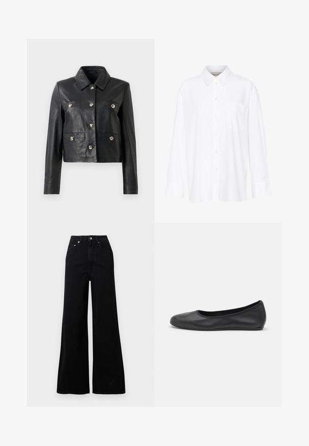 Jachetă scurtă din piele neagră, cu guler, prezentând nasturi argintii, două buzunare pe piept și mâneci lungi. Textură netedă, design minimal.; Cămașă albă cu mânecă lungă și guler, fabricată din bumbac. Are un închidere cu băta pe față și un singur buzunar pe piept. Textură netedă, croială lejeră.; Blugi negri cu croială largă, realizați din denim, cu talie înaltă, cinci buzunare, închidere frontală cu nasturi și detalii minime de cusături.; Balerini din piele neagră, cu vârf rotund, textură netedă, detalii de cusătură minimale și un design al tălpii flexibil.