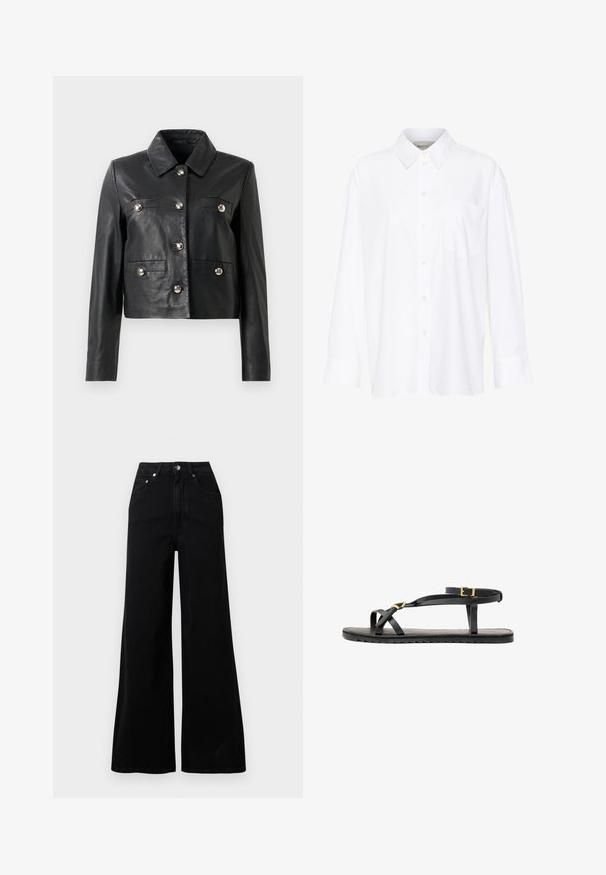 Črna usnjena krajšana jakna s ovratnikom, opremljena z brezovo gumbi, dvema žepoma na prsih in dolgimi rokavi. Gladko teksturo, minimalističen dizajn.; Bela dolga majica s kragnico iz bombaža. Ima gumbno zapenjanje spredaj in eno žep na prsih. Gladka tekstura, sproščen kroj.; Črne široke jeans hlače iz jeansa, z visokim pasom, petimi žepi, sprednjo zapenjavo na gumbe in minimalnimi šivi.; Črne usnjene sandale s tankimi naramnicami in zaponko okoli gležnja. Ravna podplat s teksturirano površino in cik-cak robom. Minimalističen dizajn.
