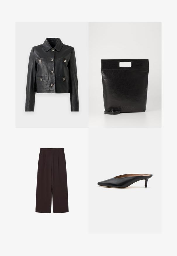 Čierna kožená skrátená bunda s golierom, so striebornými gombíkmi, dvoma náprsnými vreckami a dlhými rukávmi. Hladká textúra, minimalistický dizajn.; Biela košeľa s dlhým rukávom a golierom vyrobená z bavlny. Má zapínanie na gombíky vpredu a jednu náprsníku vrecko. Hladká textúra, voľný strih.; Tmavohnedé široké nohavice vyrobené z ľahkého materiálu, s vysokým pásom, skladmi a dvomi postrannými vreckami, s elastickým pásom.; Čierne kožené muly s špicatou špičkou a nízkym blokovým opätkom. Hladká textúra s elegantným dizajnom. Otvorená zadná časť s minimálnym detailom.; Čierna kožená taška cez rameno so štvorcovou rukoväťou, ktorá má textúrovaný povrch a embosované logo. Obsahuje odnímateľný popruh.