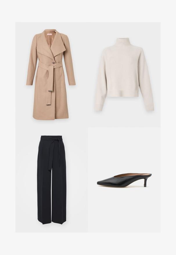 Beige wollen mantel tot de knie met brede revers, enkele knoop, bijpassende riem met metalen tips en lange mouwen, plat weergegeven tegen een witte achtergrond.; Lichtbeige coltrui gemaakt van zachte stof. Kenmerkt zich door een relaxte pasvorm, ribbelboorden en lange mouwen. Minimalistisch ontwerp.; Zwarte wijde broek van zachte stof. Voorzien van een ceintuur en plooien aan de voorkant. Glad textuur met een strakke, hedendaagse stijl.; Zwarte leren muiltjes met een puntige neus en een lage, blokhak. Glad oppervlak met een gestroomlijnd ontwerp. Open achterkant met minimale details.