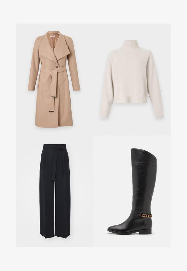 Beige knee-length wool coat with wide lapels, single button, matching belt with metal tips, and long sleeves, displayed flat against white background.; Light beige turtleneck sweater made of soft fabric. Features a relaxed fit, ribbed hem and cuffs, and long sleeves. Minimalist design.; Wide-leg black trousers made of soft fabric. Features a belted waistband and front pleats. Smooth texture with a clean, contemporary design.; Tall black leather boots with a sleek design, pointed toe, and a gold chain accent at the ankle. Low block heel. Smooth texture.