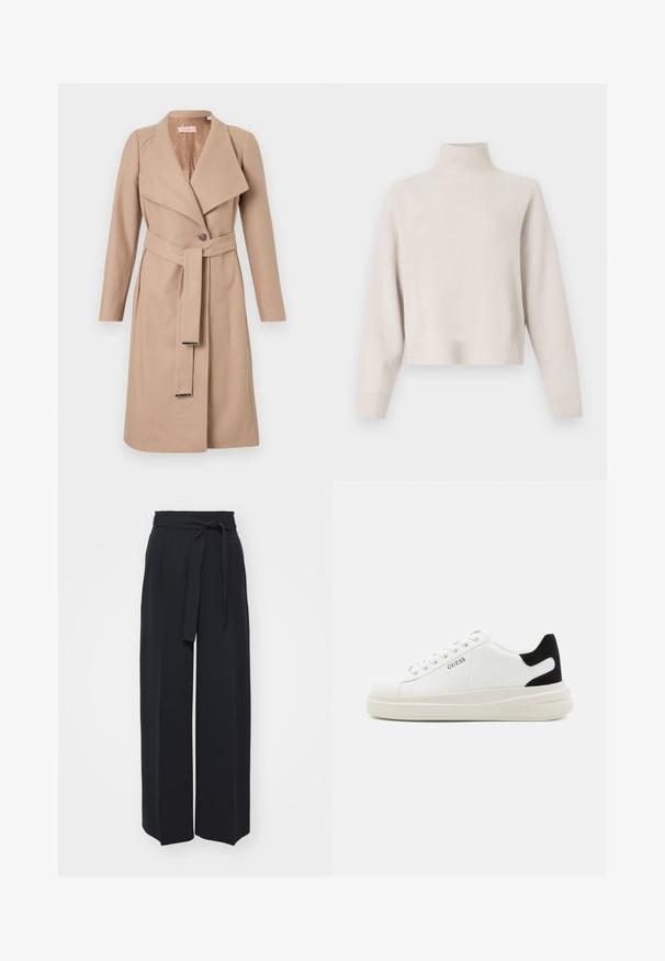 Beige knee-length wool coat with wide lapels, single button, matching belt with metal tips, and long sleeves, displayed flat against white background.; Light beige turtleneck sweater made of soft fabric. Features a relaxed fit, ribbed hem and cuffs, and long sleeves. Minimalist design.; Wide-leg black trousers made of soft fabric. Features a belted waistband and front pleats. Smooth texture with a clean, contemporary design.; White leather sneakers with a thick white sole, black suede heel accent, and embossed logo on the side. Laced design with six eyelets.