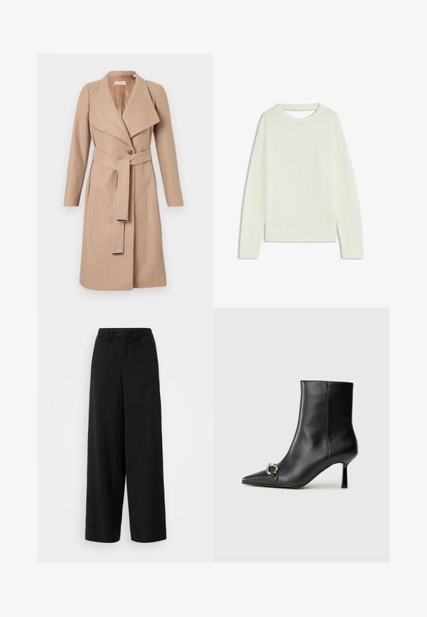 Beige villakangastakki polvipituisilla hihoilla, joissa on leveät kaulukset, yksi nappi, yhteensopiva vyö metallipäillä ja pitkät hihat, esitelty litteänä valkoista taustaa vasten.; Vaalean kermanvärinen neule, jossa on pyöreä pääntie, pitkät hihat, ribbireunus ja pehmeä texture. Ei kuvioita tai näkyviä kiinnitysdetaileja.; Mustat leveälahkeiset housut, jotka on valmistettu sileästä kankaasta ja joissa on tasainen etuosa, laskostettuja yksityiskohtia sekä vyölenkit vyötäröllä.; Musta nahkasaapas nilkkapituisilla, terävillä kärjillä, hoikalla keskipituisella korolla ja hopeavöillä sivussa yksinkertaista taustaa vasten.
