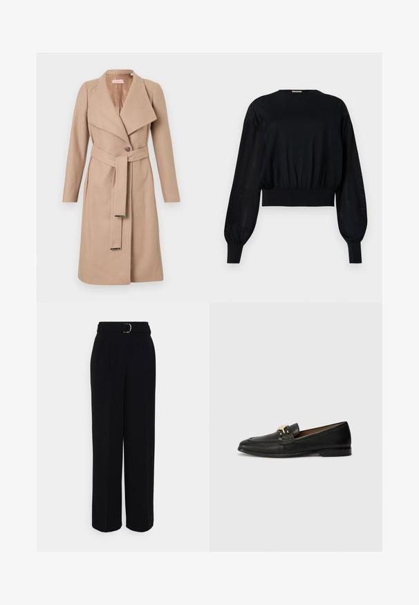 Beige knee-length wool coat with wide lapels, single button, matching belt with metal tips, and long sleeves, displayed flat against white background.; Black cropped blouse with a round neckline, puffed long sleeves, and ribbed cuffs. Features a tight elasticized waistband and sheer side panels.; Black tailored pants with a wide-leg silhouette, featuring a belt with a silver buckle, pleats, and a smooth fabric texture.; Black leather loafers featuring a gold accent buckle, rounded toe, stitched detailing, and a flat sole for easy wear.