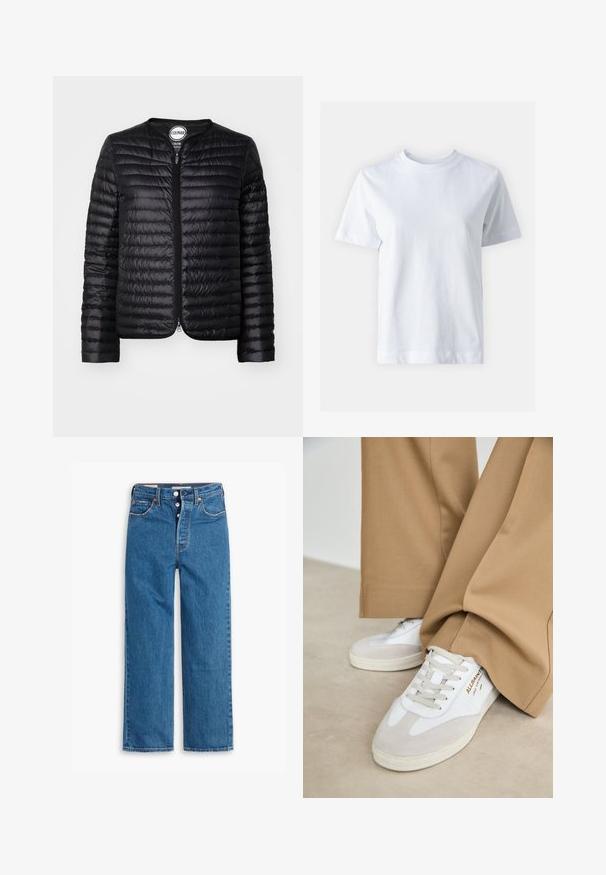 Casaco puffer preto com fecho frontal, colarinho arredondado, textura acolchoada e mangas longas. Apresenta uma marcação discreta no rótulo.; Camisa de algodão branca com decote redondo, mangas curtas, corte reto e textura suave. Sem padrões ou adornos.; Jeans de ganga azul straight-leg com uma cintura alta, design de cinco bolsos e fecho de botão. Costura visível e rebites em tom cobre.; Tênis brancos com detalhes em camurça, atacadores texturizados e sola de borracha. Combinados com calças largas cor bege. Logótipo exibido na lateral.