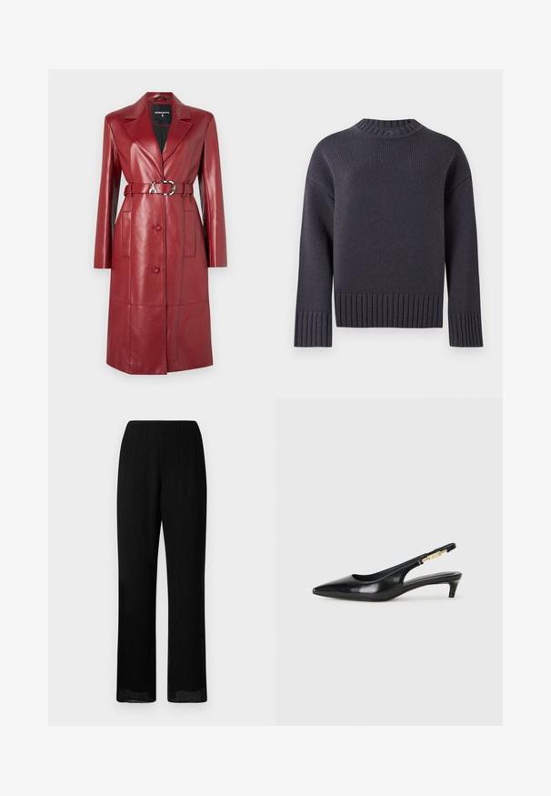 Patrizia Pepe OUTERWEAR - Trench - clash red; Maglione blu navy a maglia con un alto col ribattuto e ampi polsini e orlo a coste. Presenta una vestibilità comoda e un tessuto testurizzato.; Pantaloni neri a gamba larga con texture plissettata e vita elasticizzata. Il tessuto è leggero e fluido, con un taglio dritto fino all'orlo.; Tacchi slingback in pelle nera con punta affusolata, caratterizzati da un tacco alto e un accento dorato sulla cinghia regolabile. Texture liscia.