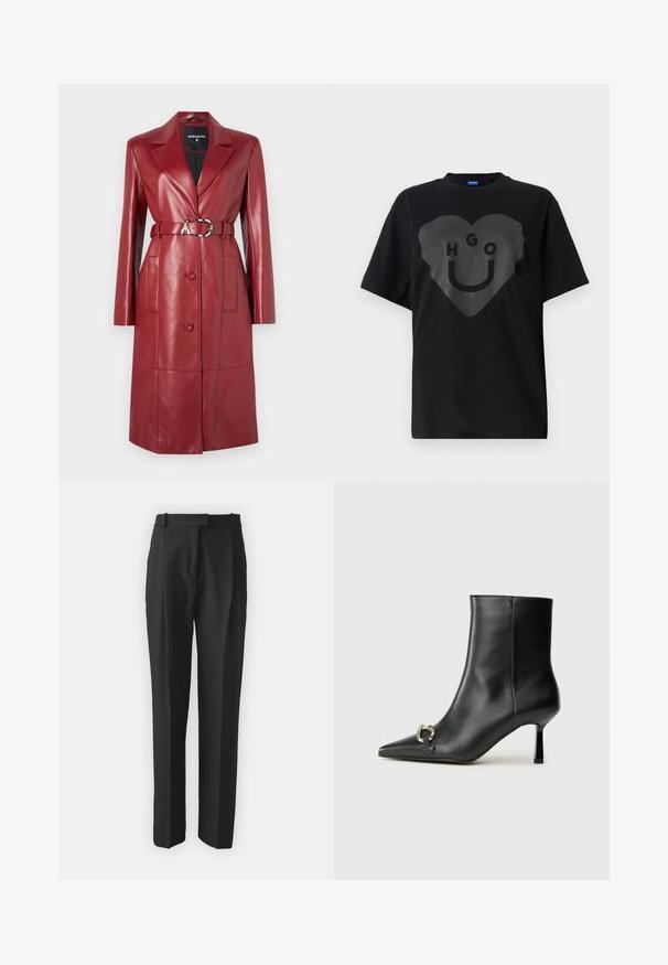 Patrizia Pepe OUTERWEAR - Trenčkot - clash red; Černé tričko, volný střih, s velkým grafickým srdcem a textem "HGO" a usmívající se tvářičkou s lesklým povrchem na přední straně.; Černé kalhoty na míru vyrobené z lehkého materiálu, s rovnými nohavicemi, plochým předním dílem a poutek na opasek. Hladký povrch bez viditelných vzorů.; Černá kožená kotníková bota s špičatou špičkou, úzkým středně vysokým podpatkem a stříbrnou sponou na straně, na jednobarevném pozadí.