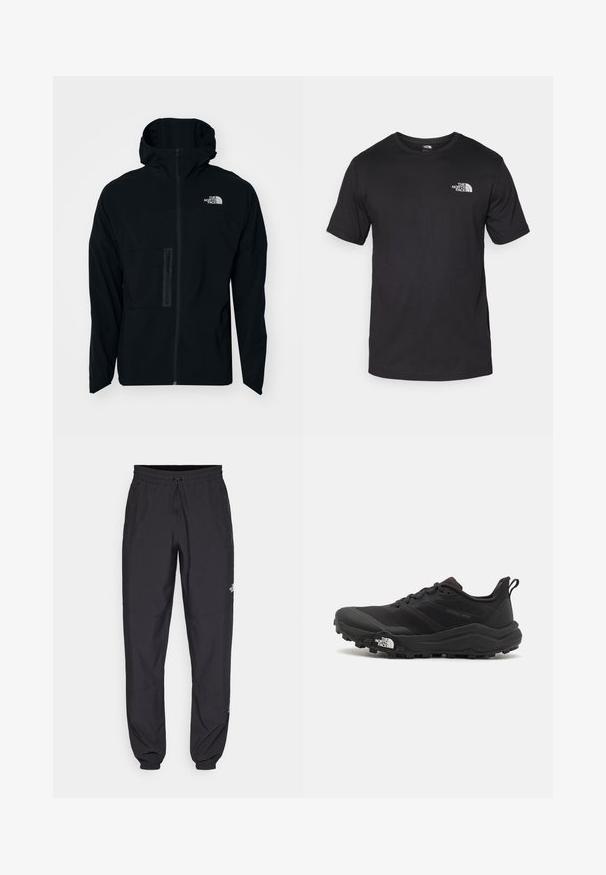 The North Face MOUNTAIN ATHLETICS TRAJECTORY FULL ZIP - Casaco para exterior - black; T-shirt preto de manga curta feito de algodão, com um decote redondo e um pequeno logótipo branco na parte superior esquerda do peito.; Calças atléticas pretas feitas de tecido leve, com um cós ajustável por cordão, bolsos laterais e punhos afunilados nos tornozelos.; Sapatilha de trail running preta com um upper texturizado, sola de borracha e biqueira reforçada. Possui um colarinho acolchoado e uma alça para facilitar o calçar.