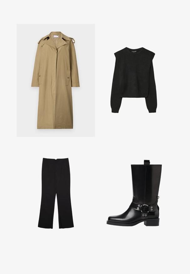 Svetlohnedý trenčkot vyrobený z bavlneného zmesi. Má štvorcový golier, šikmé vrecká a ramenné popruhy, s dĺžkou po kolená.; Čierny pletený sveter s dlhými rukávmi, vycpanými ramenami a rebrovanými nápletmi a spodným okrajom, zobrazený na bielom pozadí.; Čierne nohavice so strihom rovného strihu, s prednými vreckami a bočnými rozparkami na leme. Vyrobené z mäkkej, hladkej tkaniny. Vhodné na rôzne príležitosti.; Čierne kožené čižmy po kolená s špicatou špičkou, striebornými prackami a robustným podpätkom. Obsahujú pútko pre jednoduché obúvanie.