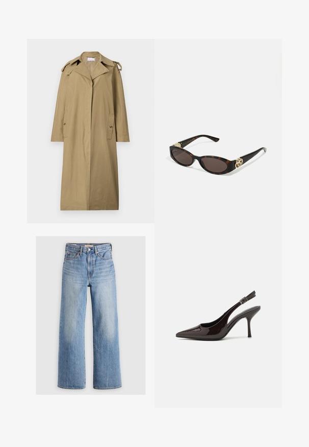 Svijetlosmeđi trench kaput napravljen od mješavine pamuka. Ima izrezani ovratnik, kose džepove i naramenice, s dizajnom do koljena.; Plava i bijela prugasta majica dugih rukava s kragnom na dugme, kontrastnim manžetama i malim grbom na prsima.; Svijetloplavi traper široki traperice s visokim strukom, istovarenim dijelovima, pet džepova i kontrastnim šavovima. Klasično kopčanje na dugme i patentni zatvarač.; Sandalice na visokom potpetici od sjajnog tamnosmeđeg lakiranog kože, s oštrim vrhom, otvorenim stranama i podesivom naramenicom.; Suncane naočale od kornjačevine s izduženim ovalnim lećama, smešnim nijansama, zlatnim logotipom na drškama i elegantnim crnim krakovima.