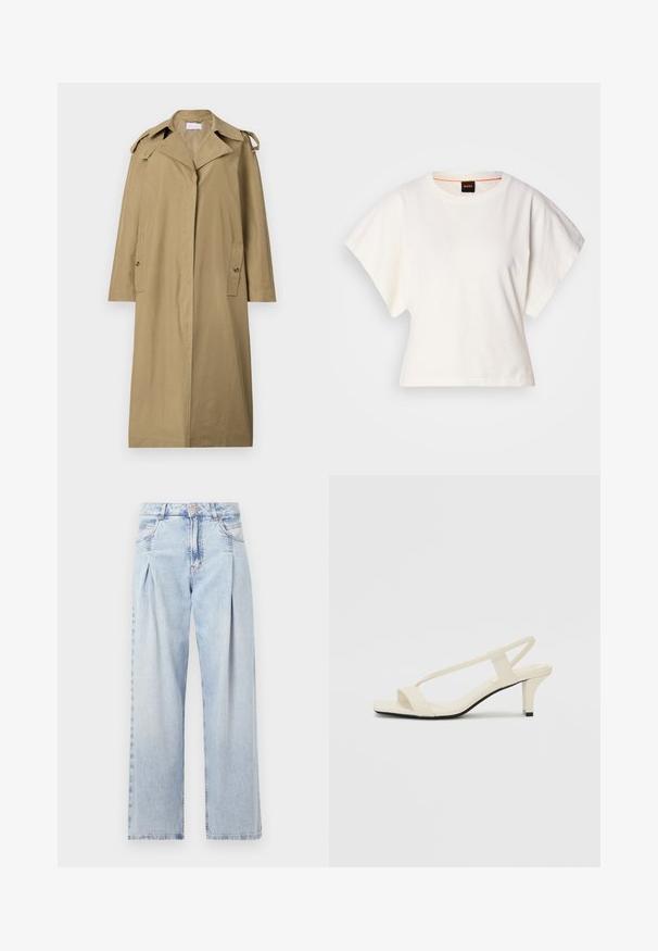 Trench coat de color marrón claro, hecho de una mezcla de algodón. Presenta un cuello con muescas, bolsillos en ángulo y tirantes en los hombros, con un diseño que llega hasta la rodilla.; Camiseta blanca recortada, con mangas cortas y anchas, material de algodón suave, cuello redondo con un sutil ribete naranja, diseño minimalista, sin patrones ni gráficos.; Jeans de mezclilla azul claros con cintura alta, corte de pierna ancha, dos bolsillos laterales y un diseño plisado. Textura suave con un acabado deslavado.; Sandalias de tacón cuadrado en color beige con tiras delgadas y punta cuadrada. Material suave con un diseño minimalista, diseñado para facilitar su uso.