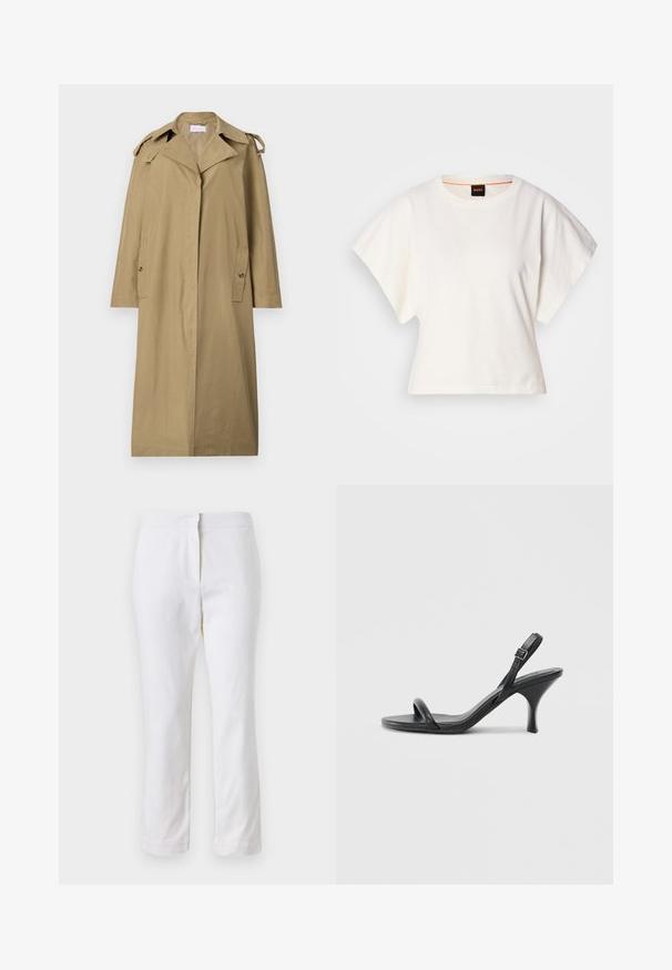 Light brown trench coat made of cotton-blend fabric. Features a notched collar, angled pockets, and shoulder straps, with a knee-length design.; White cropped T-shirt, short wide sleeves, soft cotton material, round neckline with subtle orange trim, minimal design, no patterns or graphics.; White cotton pants with a straight leg design, featuring a mid-rise waist and no visible hardware or patterns. Smooth texture throughout.; Black leather high-heeled sandals with a slim, curved heel and a crossed strap design. Adjustable ankle strap. Smooth texture.
