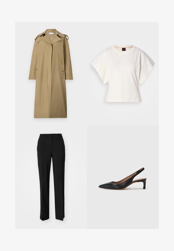 Vaaleanruskea trench-coat, joka on valmistettu puuvillasekoitekankaasta. Siinä on lovellinen kaulus, viistot taskut ja olkaimet, sekä polvenpituinen malli.; Valkoinen lyhythihainen t-paita, leveät lyhyet hihat, pehmeää puuvillamateriaalia, pyöreä pääntie jossa hienovarainen oranssi reunus, minimaalinen muotoilu, ei kuvioita tai graafisia elementtejä.; Mustat räätälöidyt housut suoraa lahjetta, joissa on sileä pinta ja terävät taitteet edessä. Ei näkyvää metalliosaa.; Mustat nahkaiset slingback-korkokengät, joissa on terävä kärki, matala korko ja sileä pinta. Varustettu ohuella säädettävällä hihnalla turvallisen istuvuuden takaamiseksi.