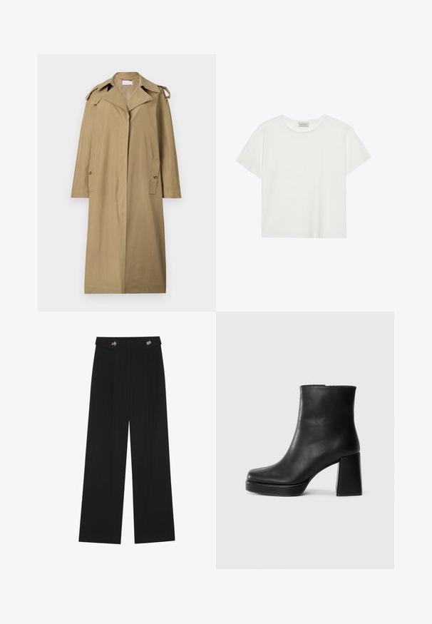 Light brown trench coat made of cotton-blend fabric. Features a notched collar, angled pockets, and shoulder straps, with a knee-length design.; White short-sleeve T-shirt made of soft cotton. Features a round neckline and relaxed fit. Clean design with no visible patterns or accents.; Black wide-leg trousers with high waist, button details on waistband, and front pleats.; Black leather ankle boot with a block heel and platform sole, viewed from the side on a plain white background.