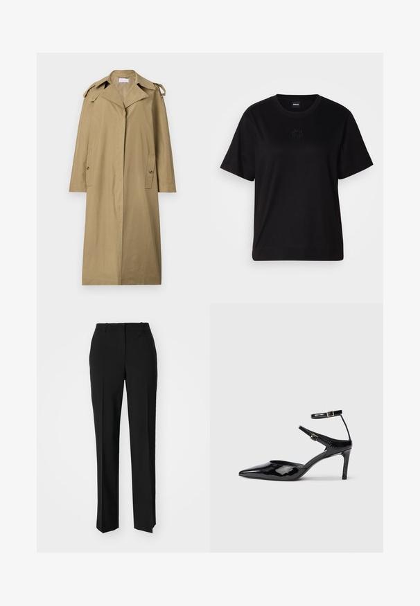 Cappotto trench color marrone chiaro realizzato in tessuto misto cotone. Presenta un colletto a punte, tasche angolate e spalline, con un design lungo fino al ginocchio.; Maglietta in cotone nera con scollatura tonda, maniche corte e logo ricamato sul petto. Design semplice e vestibilità rilassata senza motivi.; Pantaloni neri su misura con un design a gamba dritta, caratterizzati da una texture liscia e pieghe ben definite sul davanti. Senza hardware visibile.; Décolleté in pelle eco-patent nera con punta affilata, cinturini alla caviglia regolabili e tacco sottile. Texture liscia con una finitura lucida.