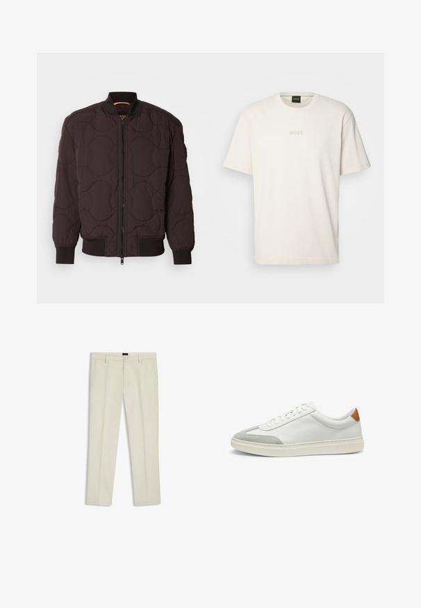 Mörkbrun vadderad bomberjacka med frontdragkedja, ribbade ärmar och krage samt subtila cirkulära sömnadsmönster.; BOSS TEE - T-shirt - bas - open white; Beiga byxor i bomull med rak passform, dragkedja och framfickor. Slät yta utan synliga mönster eller dekorationer.; Vita lädersneakers med grå mockadetaljer och en tab i brunt läder på hälen. Har en strukturerad yta och en lätt sula.