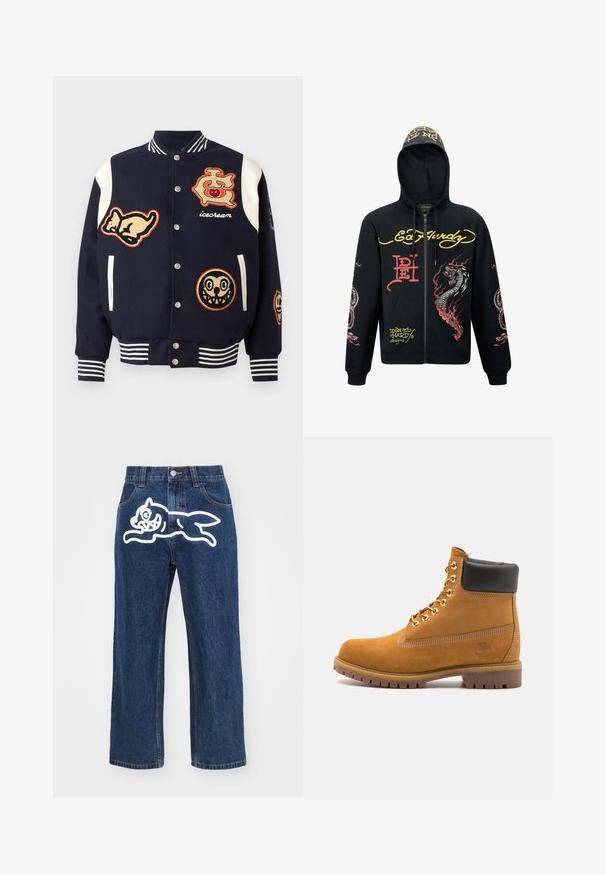 Navy varsity jacket with white sleeves, featuring various embroidered patches: a cat, a logo with a cherry, and two cartoon faces. Striped cuffs.; Black zip-up hoodie with a hood, featuring colorful dragon and snake graphics, textured fabric, ribbed cuffs, and logo accents.; White cotton t-shirt with a v-neck and short sleeves. Features a small colorful embroidered logo on the left chest. Soft texture.; Dark blue wide-leg jeans featuring a large white cartoon dog graphic on the back pocket. Denim texture, traditional five-pocket design.; Tan suede ankle boot with black padded collar, gold metal eyelets, white stitching detailing, and rugged rubber sole with pronounced treads.