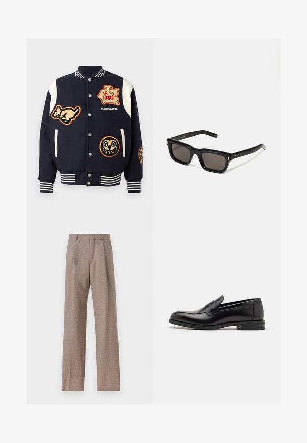 Marine Varsity-Jacke mit weißen Ärmeln, die verschiedene gestickte Patches zeigt: eine Katze, ein Logo mit einer Kirsche und zwei Cartoon-Gesichter. Gestreifte Bündchen.; Weißes Langarm-Hemd mit Knöpfen aus Baumwolle, ausgestattet mit einer Brusttasche mit tonalem Stickerei, einem Kragen und Knopfmanschetten.; Braune, hochtaillierte Hose aus strukturiertem Stoff. Mit weitem Bein und zwei vorderen Bügelfalten für zusätzliche Form. Saubere Verarbeitung ohne sichtbare Hardware.; Schwarze Lederloafers mit glatter Textur, rundem Zehenbereich und einem dekorativen Riemen über dem Vorderfuß. Niedriger, gestapelter Absatz, minimalistisches Design.; Schwarze rechteckige Sonnenbrille mit dunklen Gläsern, dickem Kunststoffrahmen, goldenen Akzenten an den Bügeln und eingraviertem Markenlogo am Arm.