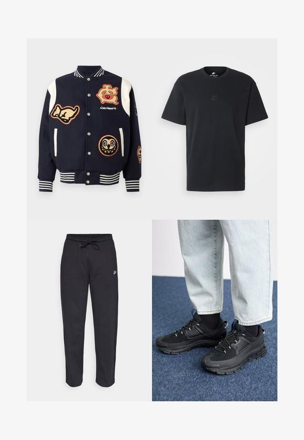 Marine Varsity-Jacke mit weißen Ärmeln, die verschiedene gestickte Patches zeigt: eine Katze, ein Logo mit einer Kirsche und zwei Cartoon-Gesichter. Gestreifte Bündchen.; Schwarzes Baumwoll-T-Shirt von Nike mit klassischem Rundhalsausschnitt, kurzen Ärmeln und einem dezenten, geprägten Logo auf der Brust. Glatte Textur.; Schwarze Sweatpants aus weichem Stoff mit elastischem Bund, Kordelzug und kleinem Nike-Logo auf dem linken Oberschenkel.; Schwarze Sportschuhe aus strukturiertem Stoff mit Gummisohlen, ausgestattet mit elastischen Schnürsenkeln und einem blauen Akzent an der Ferse. Getragen mit hellen Jeans.