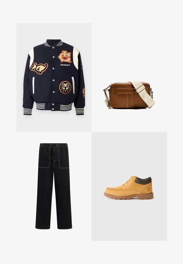 Giacca varsity navy con maniche bianche, decorata con diversi patch ricamati: un gatto, un logo con una ciliegia e due faccine dei cartoni animati. Polsini a righe.; Redefined Rebel ABRAHAM BOXY FIT - T-shirt con stampa - black; Pantaloni neri in cotone con una vestibilità rilassata, dotati di vita con coulisse, due tasche frontali e dettagli di cucitura bianca a contrasto.; Scarpa in pelle gialla con suola in gomma marrone, punta rotonda e dettaglio in pelle verde alla caviglia. Presenta occhielli dorati e dettagli di cucitura.; Borsa a tracolla in pelle marrone con cuciture bianche, forma rettangolare, chiusura con zip e tracolla regolabile beige. Presenta due tasche anteriori.