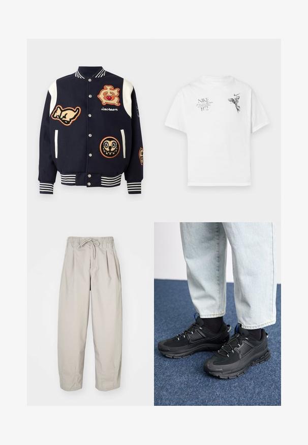Jachetă varsity marină cu mâneci albe, având mai multe patch-uri brodate: o pisică, un logo cu o cireșă și două fețe de desene animate. Mansete cu dungi.; Tricou alb din bumbac cu un imprimeu grafic negru al unei figuri cu aripi și text, cu gât rotund și mâneci scurte.; Pantaloni bej, ușori, cu talie elastică și șnur. Prezintă pliseuri și o croială lejeră, realizată dintr-un material moale și neted.; Pantofi sport negri, cu țesătură texturată și tălpi din cauciuc, având șireturi elastice și un accent albastru pe toc. Purtați cu pantaloni din denim deschis.