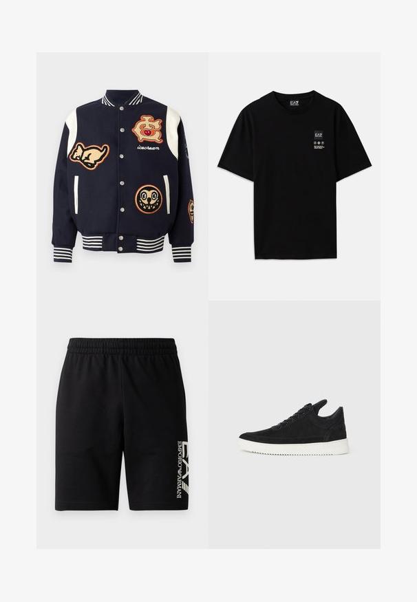 Giacca varsity navy con maniche bianche, decorata con diversi patch ricamati: un gatto, un logo con una ciliegia e due faccine dei cartoni animati. Polsini a righe.; T-shirt nera in cotone con maniche corte, collo a giro e un piccolo etichetta con logo sul davanti che presenta simboli di cura bianchi.; EA7 Emporio Armani TRAIN VISIBILITY - Shorts - black/cream; Sneaker in suede nero con suola in gomma bianca, caratterizzato da cuciture tonali e design con lacci. Texture liscia con una forma moderna e aerodinamica.