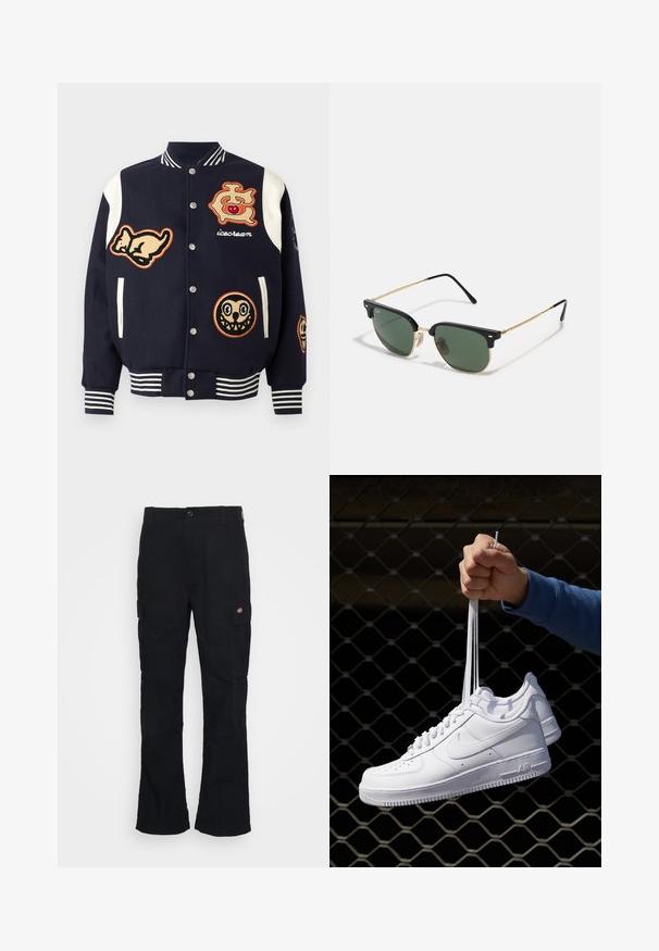 Giacca varsity navy con maniche bianche, decorata con diversi patch ricamati: un gatto, un logo con una ciliegia e due faccine dei cartoni animati. Polsini a righe.; Giovane con capelli intrecciati che indossa una maglietta Nike grigia chiara e pantaloni Nike neri su uno sfondo bianco semplice.; Pantaloni cargo neri con design a gamba dritta, realizzati in tessuto resistente, con tasche laterali e un logo a patch sul lato sinistro.; Sneakers in pelle bianca con perforazioni, punta rotonda, suola piatta e lacci spessi, con logo swoosh visibile e "AIR" sul tallone.; Occhiali da sole con lenti verdi, montatura superiore in plastica nera, dettagli in metallo dorato e sottili aste nere. Presentano un design del ponte distintivo.