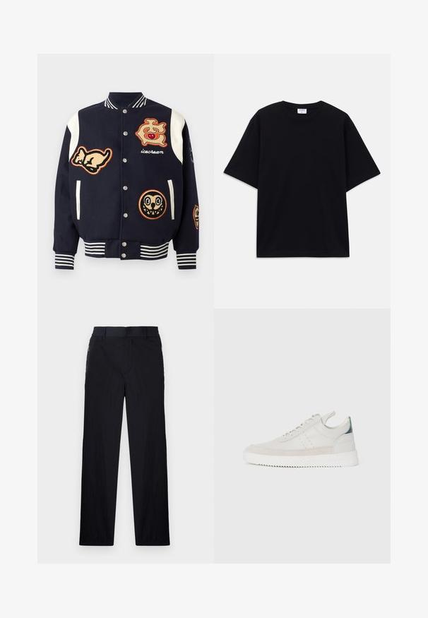 Kék egyetemi dzseki fehér ujjakkal, különböző hímzett foltokkal: egy cica, egy cseresznye logó és két rajzfilmfigura. Csíkos mandzsetták.; Fekete, rövid ujjú, oversize póló kerek nyakkivágással és látható Filippa K márkacédulával a gallér belső részén.; Fekete nadrág könnyű, textúrált anyagból, egyenes szárú kialakítással, rugalmas derékpánttal és oldalsó cipzáras zsebekkel.; Fehér bőr sportcipők szürke bársonyos részletekkel, fűzős kivitelben, hátul húzófüllel és texturált gumi talppal, amelyen zikk-zakk minta található.