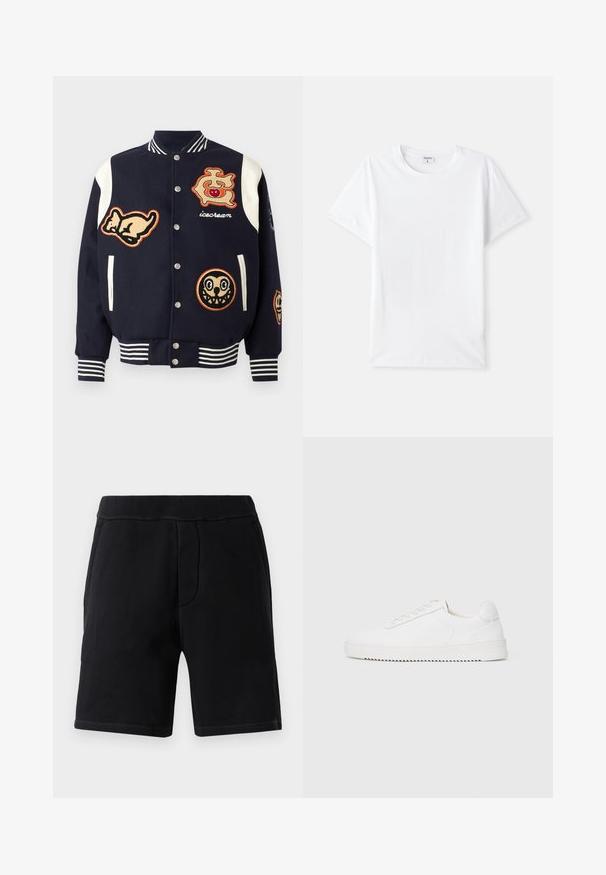 Casaco varsity azul marinho com mangas brancas, apresentando vários apliques bordados: um gato, um logótipo com uma cereja e duas caras de cartoon. Punhos com riscas.; Camiseta de algodão branca, com decote redondo, mangas curtas, textura suave, sem padrões ou detalhes, design simples, corte padrão.; Calções atléticos pretos feitos de material macio; apresentam uma cintura elástica, dois bolsos laterais e costura em contraste.; Sapatilha branca com um cabedal de couro suave, bico arredondado, atacadores, detalhes texturizados nas laterais e uma sola de borracha grossa. Design minimalista.