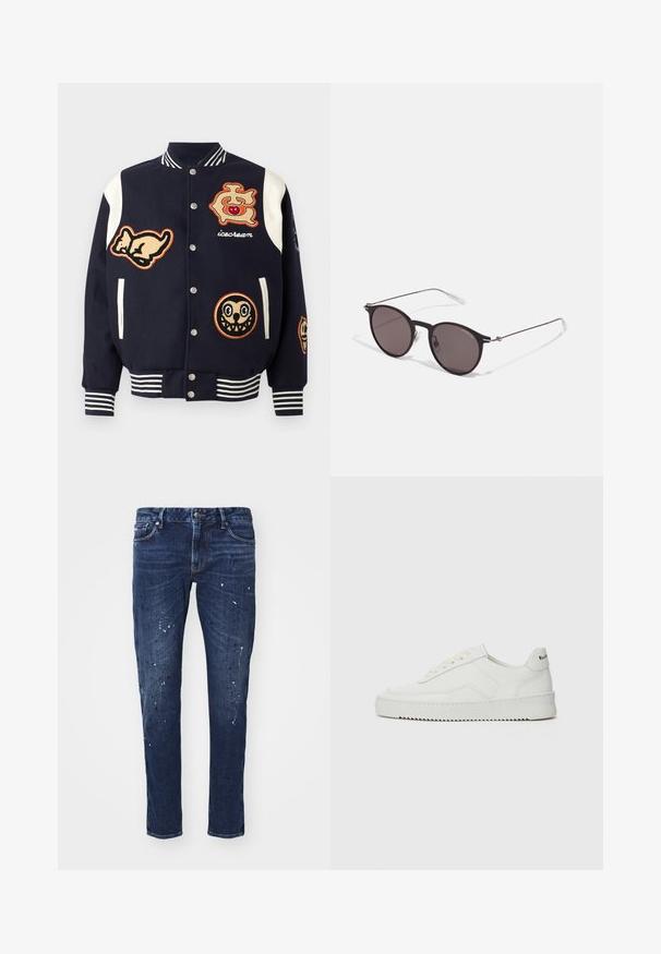 Granatowa kurtka varsity z białymi rękawami, ozdobiona różnymi haftowanymi naszywkami: kotem, logo z wiśnią oraz dwoma rysunkowymi twarzami. Paseczkowe mankiety.; Czarny bawełniany T-shirt z okrągłym dekoltem, krótkimi rękawami oraz białym logo "EMPORIO ARMANI" nad napisem "Milano" w zakrzywionym kształcie.; Ciemnoniebieskie dżinsy o dopasowanym kroju, zdobione plamkami farby, widocznymi szwami oraz standardowym pięciopocketowym designem. Prosto cięte nogawki.; Białe skórzane sneakersy o gładkim wykończeniu, okrągłym nosku, płaskich sznurówkach i teksturowanej podeszwie. Charakteryzują się delikatnym logo na pięcie.; Czarne okrągłe okulary przeciwsłoneczne z ciemnymi soczewkami i smukłymi metalowymi ramkami. Zawierają przezroczyste końcówki zauszników oraz srebrne akcenty przy zawiasie. Minimalistyczny design.