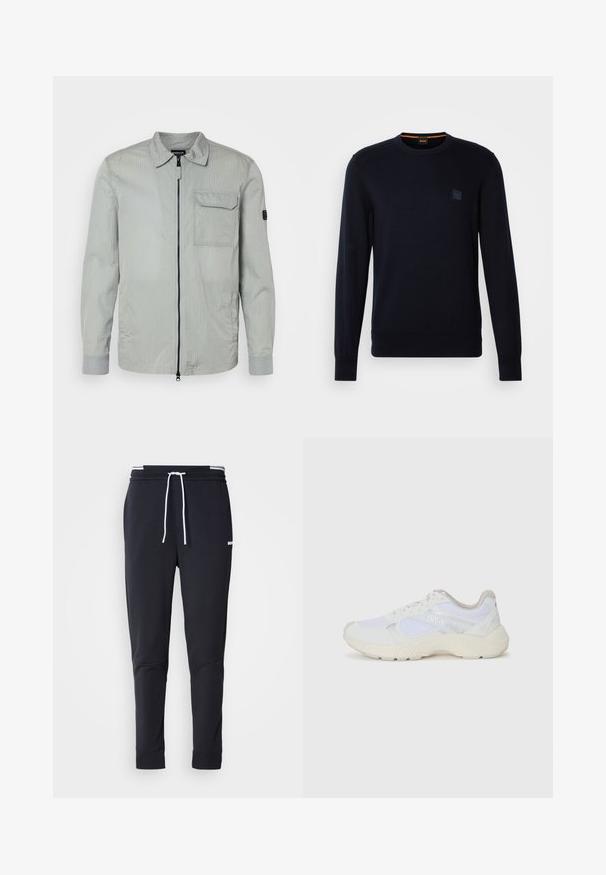 Világosszürke kabát texturált felülettel, cipzáros előlappal, hegyes gallérral és mellzsebbel; kontrasztos szürke mandzsettákkal és diszkrét márkajelzéssel rendelkezik.; Sötétkék kötött pulóver hosszú ujjakkal, kerek nyakkal, bordás mandzsettával és szegéllyel, kis négyzet alakú logóval a mellkason.; Fekete, slim-fit rakott nadrág fehér zsinórral, elasztikus derékpánttal, fehér csíkokkal, és kisebb fehér logóval a comb felső részén.; Fehér sportcipők, amelyek hálós és velúr anyagból készültek, texturált középtalppal, texturált részletekkel és a "HUGO" logóval az oldalon.