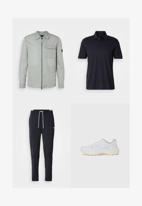 Világosszürke kabát texturált felülettel, cipzáros előlappal, hegyes gallérral és mellzsebbel; kontrasztos szürke mandzsettákkal és diszkrét márkajelzéssel rendelkezik.; Sötét tengerészkék, rövid ujjú pólóing, gallérral és háromgombos gombolóval, sima világos háttéren bemutatva.; Fekete, slim-fit rakott nadrág fehér zsinórral, elasztikus derékpánttal, fehér csíkokkal, és kisebb fehér logóval a comb felső részén.; Fehér sportcipők, amelyek hálós és velúr anyagból készültek, texturált középtalppal, texturált részletekkel és a "HUGO" logóval az oldalon.