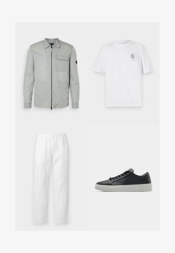 Light grey jacket with a textured finish, zip front, pointed collar, and a chest pocket; features contrasting grey cuffs and subtle branding.; White cotton t-shirt with a relaxed fit, featuring a small black graphic logo on the left chest area. Short sleeves, crew neck style.; White linen pants featuring an elastic waistband, straight-leg fit, and soft texture with no visible patterns or hardware details.; Black leather sneaker with a smooth texture, round toe, and black laces. Features a thick, white rubber sole with subtle geometric accents.