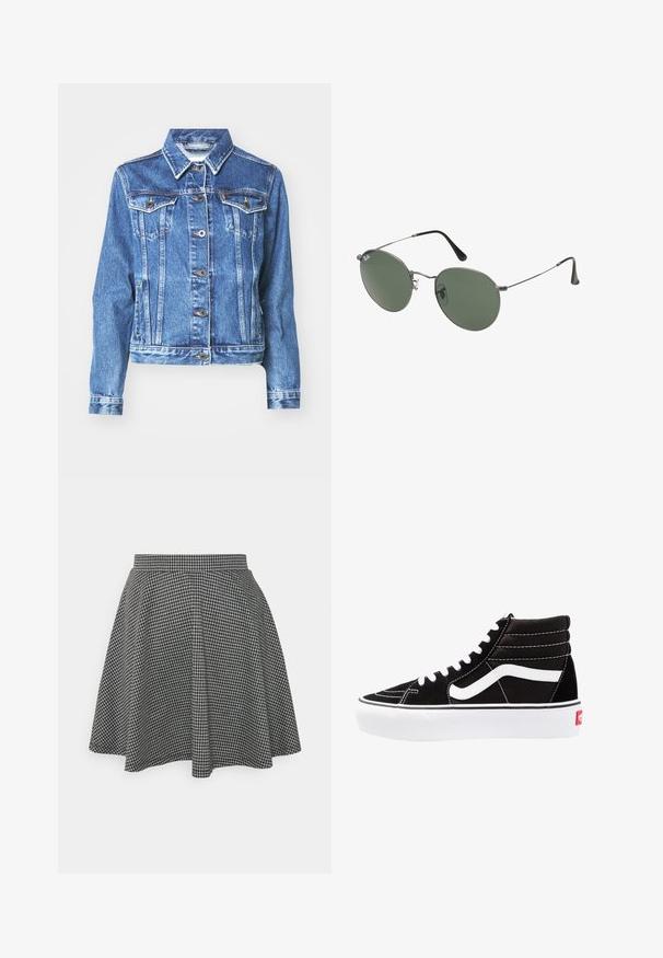 Mėlynas džinsinis švarkas su ilgomis rankovėmis, dviem krūtininėmis kišenėmis, mygtukų uždarymu ir švelniu nublukusiu tekstūru. Tradicinio apykaklės dizainas.; Du kamščių be rankovių juodos ir baltos spalvų, pagaminti iš banguoto medvilnės, su apvaliais kaklo iškirpimais ir priglundančiu siluetu. Matomi etiketės abiejuose.; Juodos ir baltos laukų rašto šokių sijonas su prigludusia juosmens dalimi ir platėjančiu apačiu, pagamintas iš tekstūruoto audinio, kuriame pateiktas klasikinis raštas.; Juodi aukšti sportbačiai su baltais raišteliais, baltu logotipu ir kontrastinga balta siuvinėta. Turi storą baltą padas ir tekstūruotą zomšos viršutinę dalį.; Metaliniai akiniai su ovaliais žaliais lęšiais. Plonas sidabro spalvos metalinis rėmas ir juodi ausų laikikliai. Minimalistinis dizainas, be matomų logotipų.