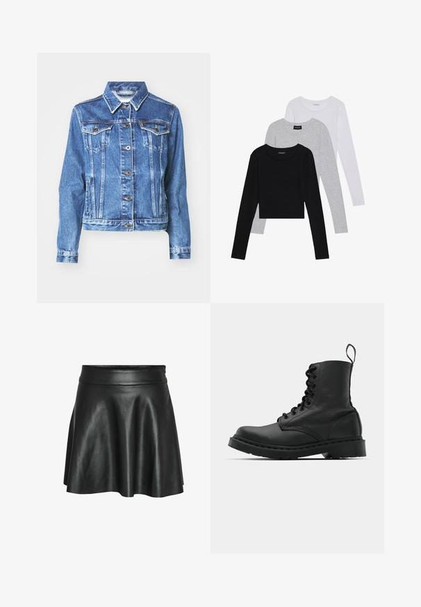 Medium sininen farkkutakki, jossa on pitkät hihat, kaksi rintataskua, napitus ja hienovarainen haalistunut tekstuuri. Perinteinen kauluksen muotoilu.; Kolme pitkähihasta paita päällekkäin: musta, harmaa ja valkoinen. Jokaisessa on pyöreä pääntie ja lyhennetty muotoilu, jossa on sileä ja kevyt kangas.; Musta keinonahkainen hame, jonka malli on levenevä A-linja, sileä ja kiiltävä pinta sekä vartalonmyötäinen vyötärönauha.; Musta nahkasaapas taisteluun, jossa on pyöreä kärki, nauhakiinnitys etuosassa ja vetolenkki nilkassa. Varustettu paksulla kumipohjalla kestävyystä varten.