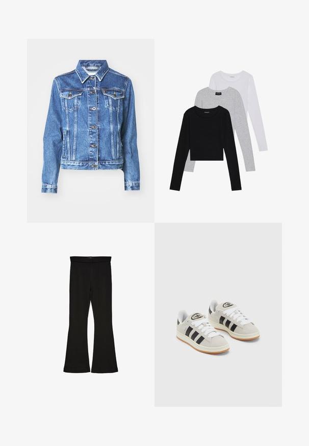 Keskmise sinise värvusega denimjakker, pikad varrukad, kaks rinnataskut, nööpidega kinnitamine ja õrnalt tuhm tekstuur. Traditsioonilise krae disain.; Kolm pikkade varrukatega toppi, mis on üksteise peale asetatud: must, hall ja valge. Igal ühel on ümar kaelus ja lühike disain, valmistatud siledast, kergekaalulisest kangast.; Mustad mustad sääred, mis on valmistatud venivast kangast. Omab laia vööd ja siledat tekstuuri, sobituv siluett, mis laieneb allservas.; Hallid hallid nahkrennid valgete paeltega, mustade triipudega ja valge kummitaldiga. Omab ümmargust logo keeles ja kummitalda.