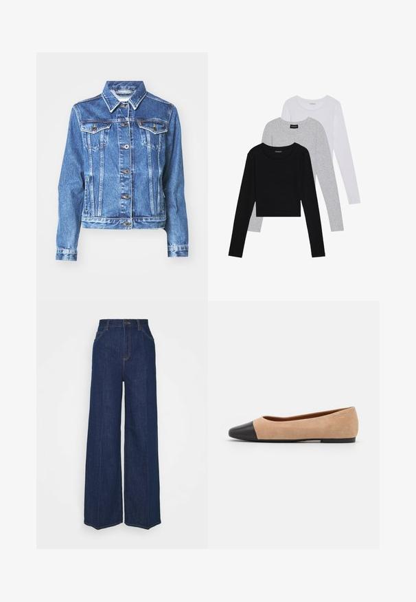 Traper jakna u srednje plavoj boji s dugim rukavima, dva džepa na grudima, dugmadi za zatvaranje i suptilnom izblijedjelom teksturom. Tradicionalni dizajn ovratnika.; Tri dugih rukava posložena: crna, siva i bijela. Svaka ima okrugli izrez i skrateni kroj s glatkom, laganom tkaninom.; Tamno plave traperice s visokim strukom i širokim nogavicama, s prednjim i stražnjim džepovima, zatvaračem na gumb i vidljivim detaljima šivanja.; Bež balerinke od suede materijala s crnim kožnim zaobljenim vrhom, niskom potpeticom i glatkom površinom, s minimalnim šavovima i čistim dizajnom.