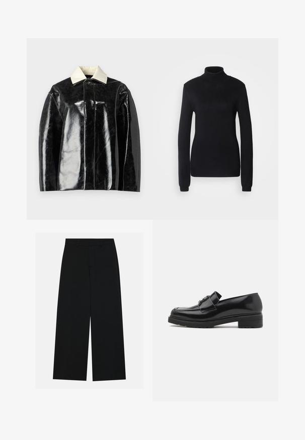 Must mustvalge krae ja nööpidega suletav must läikiv jakk, millel on struktureeritud disain, valmistatud siledast ja läikivast materjalist.; Musta kõrge kaelusega kampsun, valmistatud pehmest kudumkangast, millel on pikad varrukad ja limineeritud siluett ribaga krae ja allserva ääristusega.; Laiad mustad püksid, mis on valmistatud siledast kangast. Omavad tasast vööpinki koos vöölõngadega ja ilma nähtavate taskuteta. Lihtne disain.; Must musta nahk, millel on madal plokk-kand ja väljatöötatud varvas, ning metallist pandla detail ülal, näidatud külgprofilis valgel taustal.