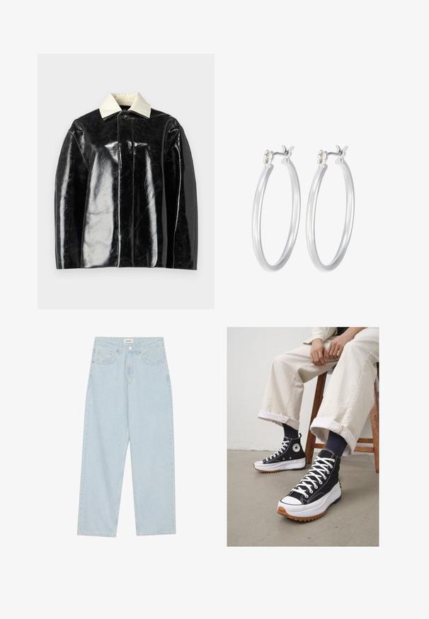 Crna sjajna jakna sa strukturiranim dizajnom, sa kremasto bijelim ovratnikom i kopčanjem na dugme, napravljena od glatkog, sjajnog materijala.; Dva majica bez rukava u crnoj i bijeloj boji, izrađene od rebrastog pamuka, s okruglim izrezima i prianjajućim dizajnom. Oznake su vidljive na obje.; Svijetloplave široke traperice s srednjim strukom, pet džepova i zatvaranjem na gumba s uskim metalnim detaljem.; Visoke crne tenisice s bijelim vezicama i gumenenim vrhom. Debeli bijeli đon s teksturiranim smeškim potplatom, nošene s čarapama plave boje s prugama.; Srebrne kružne naušnice s glatkom, poliranom površinom. Okrugli oblik i sigurno kopčanje na klik. Lagani dizajn pogodan za svakodnevno nošenje.