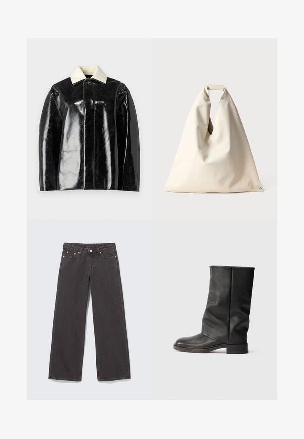 Must mustvalge krae ja nööpidega suletav must läikiv jakk, millel on struktureeritud disain, valmistatud siledast ja läikivast materjalist.; Kaksik Eri pikkusega valge ja musta värvi pikkade varrukatega topsi. Ribikstruktuur, ümar kaelus, lihav disain, veidi laienevate varrukatega.; Laiade säärega mustad teksad vasksete haakidega, viie tasku ja nööpide sulgemisega. Pehme, tugev tekstuur, sirge lõige vööst ääreni.; Must mustekotsed nahast saapad, mis ulatuvad pahkluuni, madala ploki kontsaga ja ümmarguse varbaga, mille pinnal on kerged kortsud ja peen tekstuur.; Beige, pehmea tekstuuriga kott, millel on ainulaadne keeratud käepide ja diagonaalsed õmblused. Minimalistlik disain ümmarguse aksessuaari ehk detailiga põhjas.